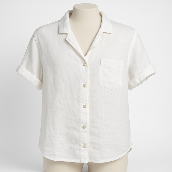 Chico's Design Tops - Chicos White‎ Linen Button Short Sleeve Shirt Roll Tab Boho Coastal Collared